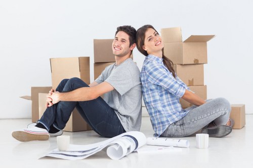 Packed office boxes and furniture prepared for transport
