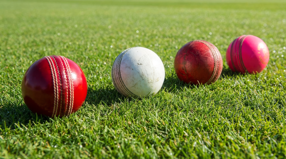Four cricket balls are arranged on a well-maintained grassy field, with the balls positioned in a row near the camera. The first cricket ball on the left is red with white decorative stitching, the second is white and slightly worn, the third is darker red with visible scuff marks, and the fourth is pink with darker pink stripes. The grass is lush, green, and evenly cut, indicating a maintained playing surface. The background shows the field extending into the distance with bright natural lighting highlighting the texture of the grass and the polished surfaces of the cricket balls. This image reflects a sports setting, focusing on equipment used in cricket, which could be relevant for articles related to sports equipment, cricket matches, or sports ground maintenance, connected subtly with the concept of sporting events or match day access at the Lords Cricket Ground as referenced in the page title.